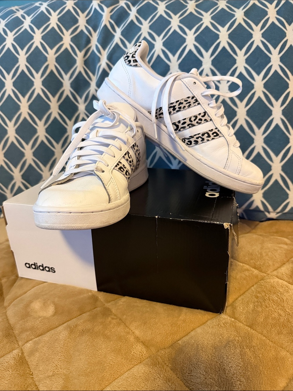 adidas Grand Court White Sneakers with Black Leopard Stripes